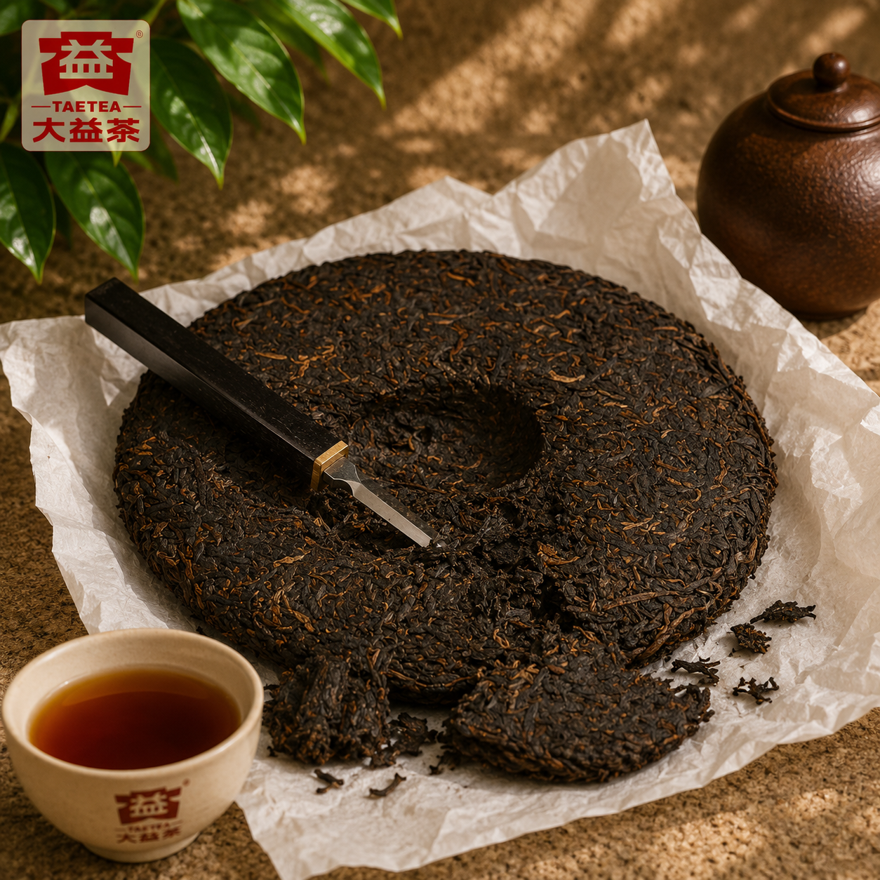 Broken piece of Dayi 0562 ripe pu-erh cake showing dark pressed leaves