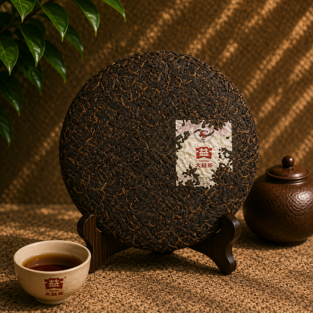 Broken piece of Dayi 7592 ripe pu-erh cake showing dark pressed leaves