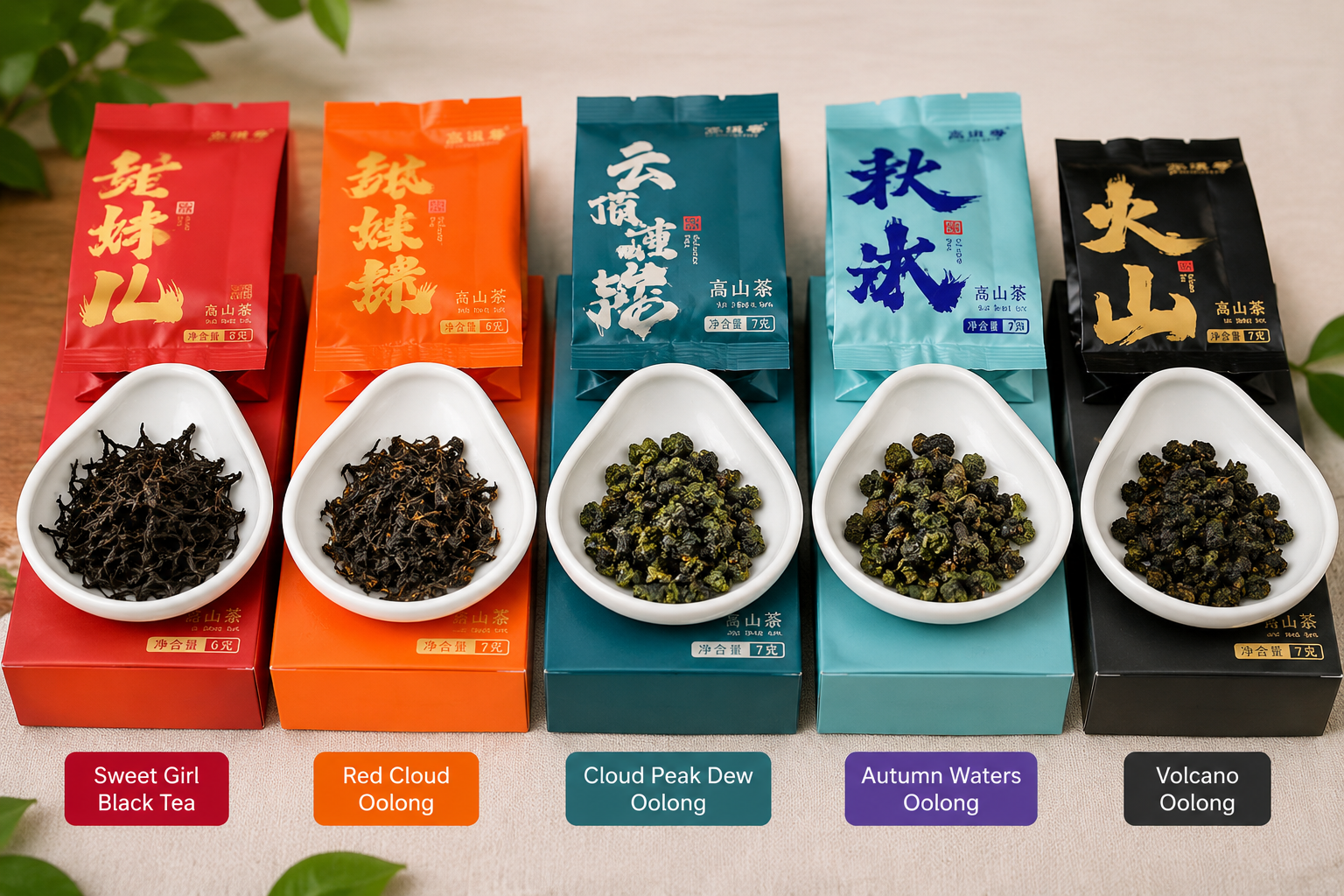 Five tea sachets from the High Mountain Discovery Set, four oolong and one red tea