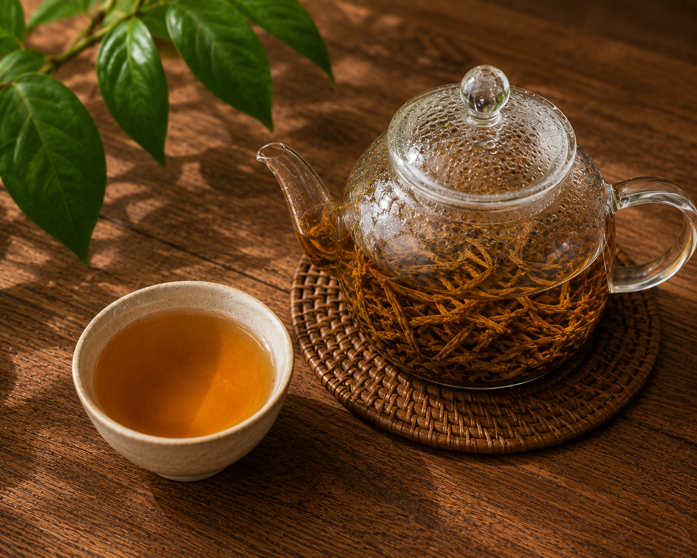 Honey Fragrant Gold Buds Dian Hong brewed liquor, bright amber-gold in a glass cup