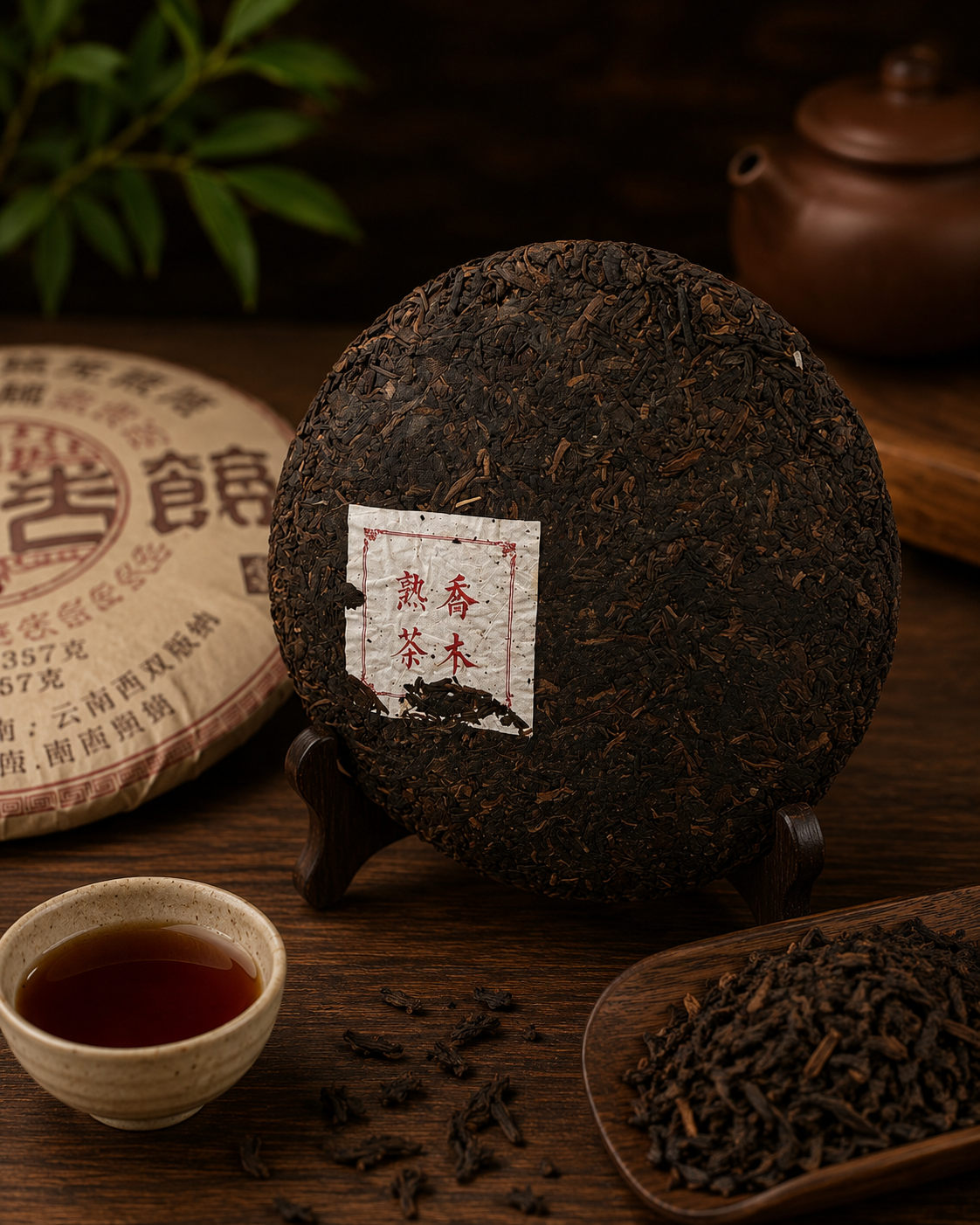 Limingxing Banzhang ripe pu-erh cake showing dark pressed arbor leaves