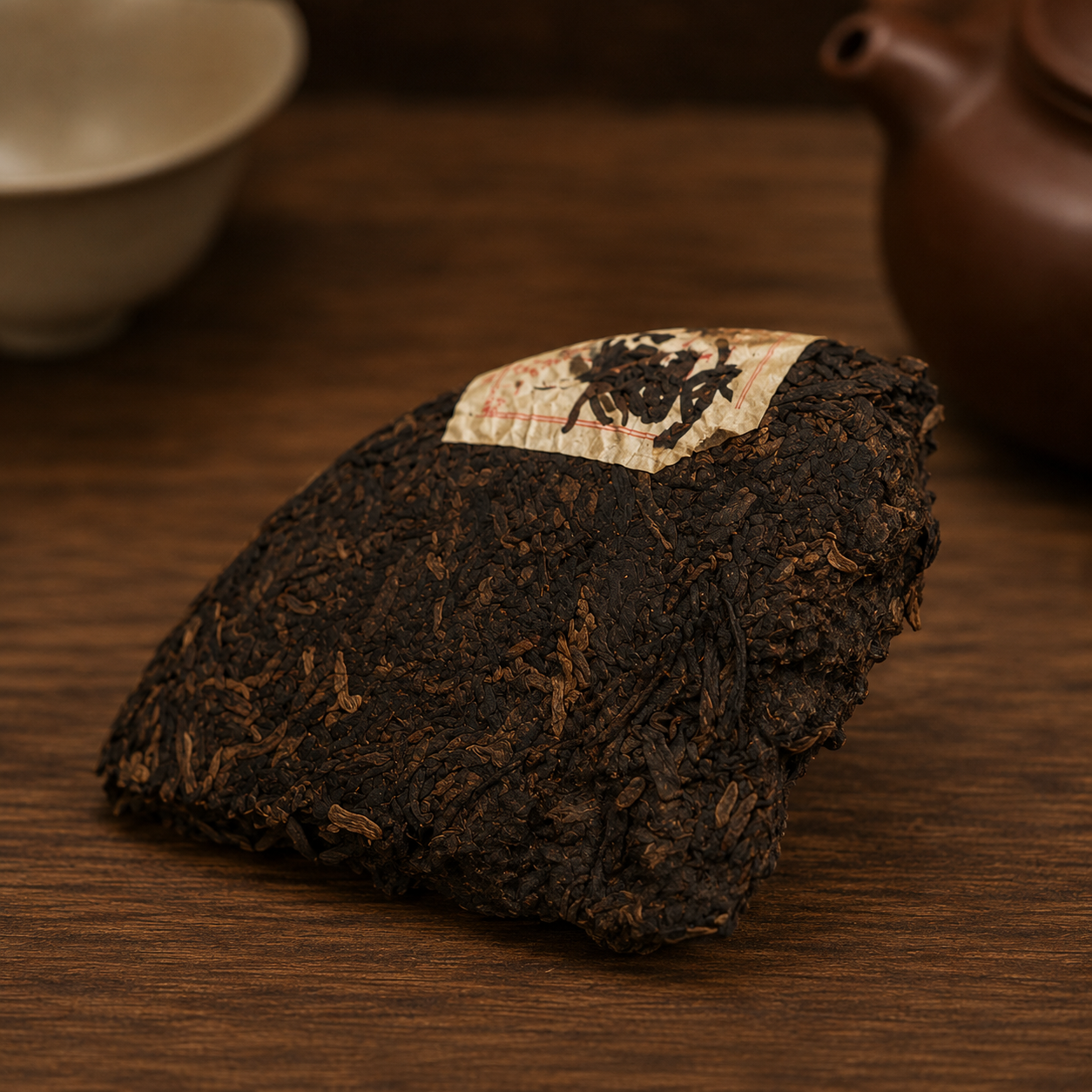 Broken piece of Limingxing ripe pu-erh cake showing dark pressed leaves