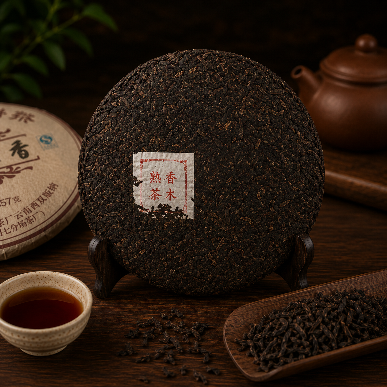 Limingxing Yiwu Chen Xiang ripe pu-erh cake showing dark pressed leaves, 357g