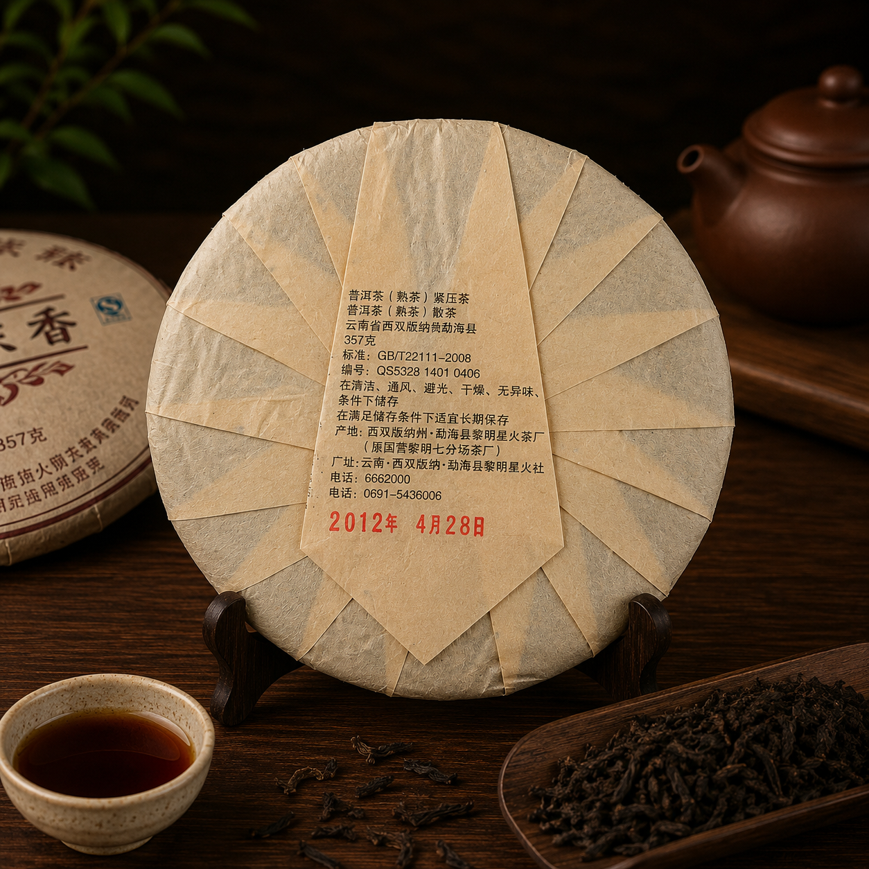 Limingxing Yiwu Chen Xiang 2012 back wrapper, pressed 28 April 2012, Menghai