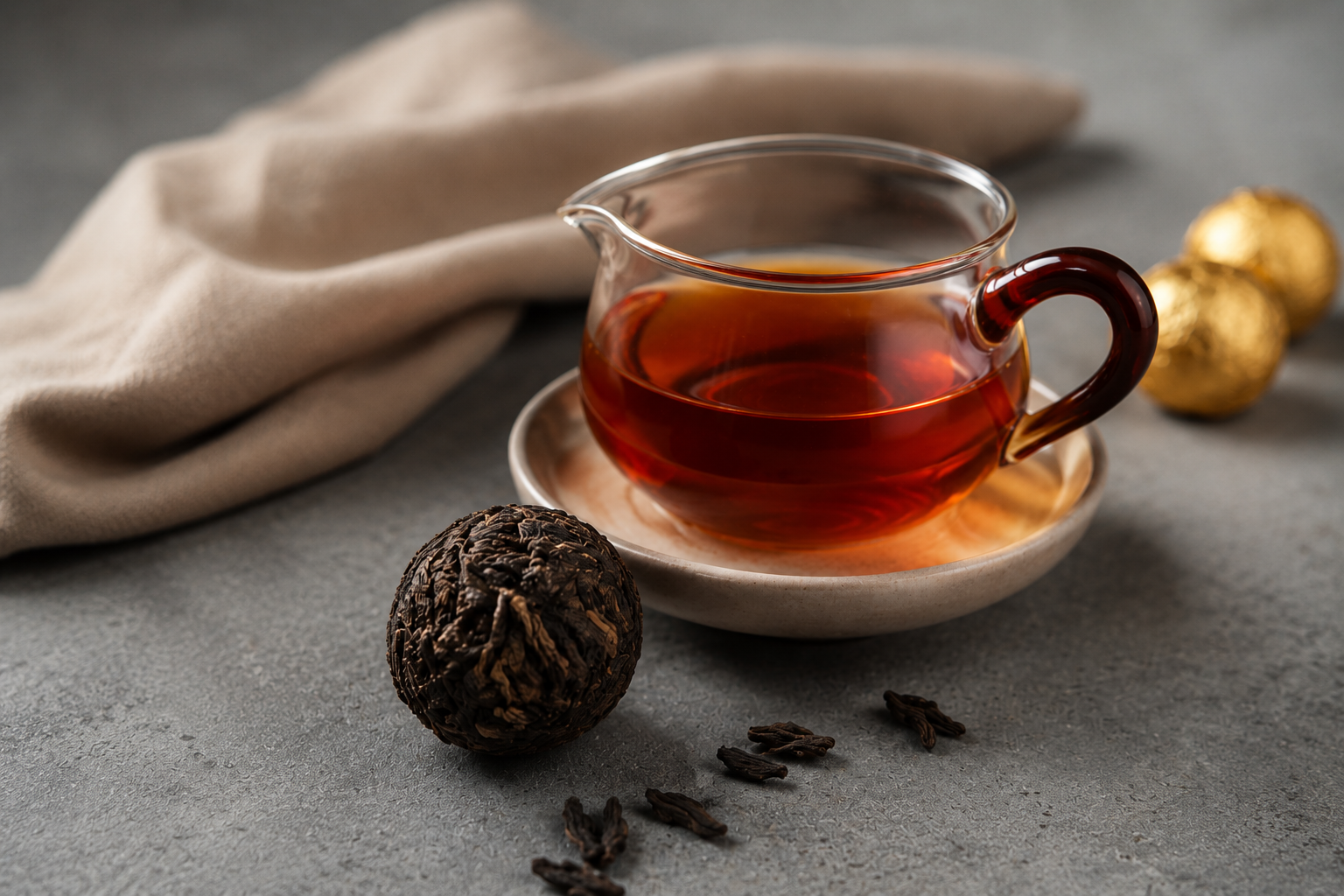 Palace ripe pu-erh dragon ball brewed liquor, deep dark red-brown in a glass pitcher