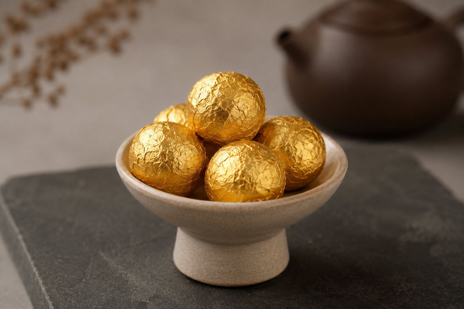 Palace ripe pu-erh dragon balls wrapped in gold foil, Lincang Yunnan 2021, 8g