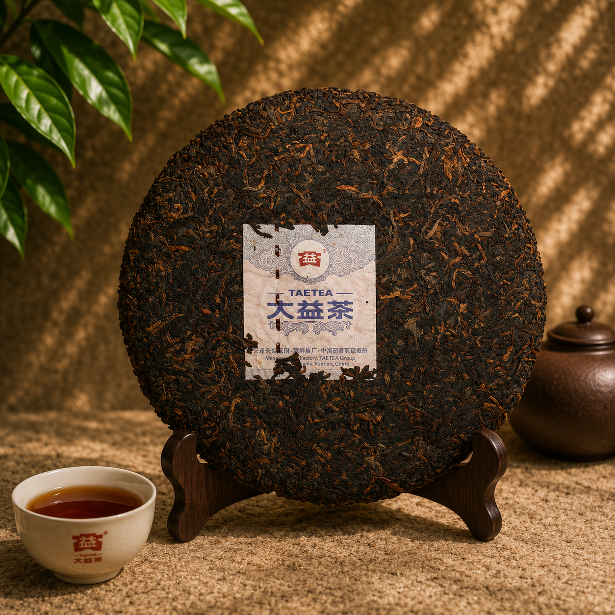 Broken piece of Shun Hua ripe pu-erh cake showing dark pressed leaves