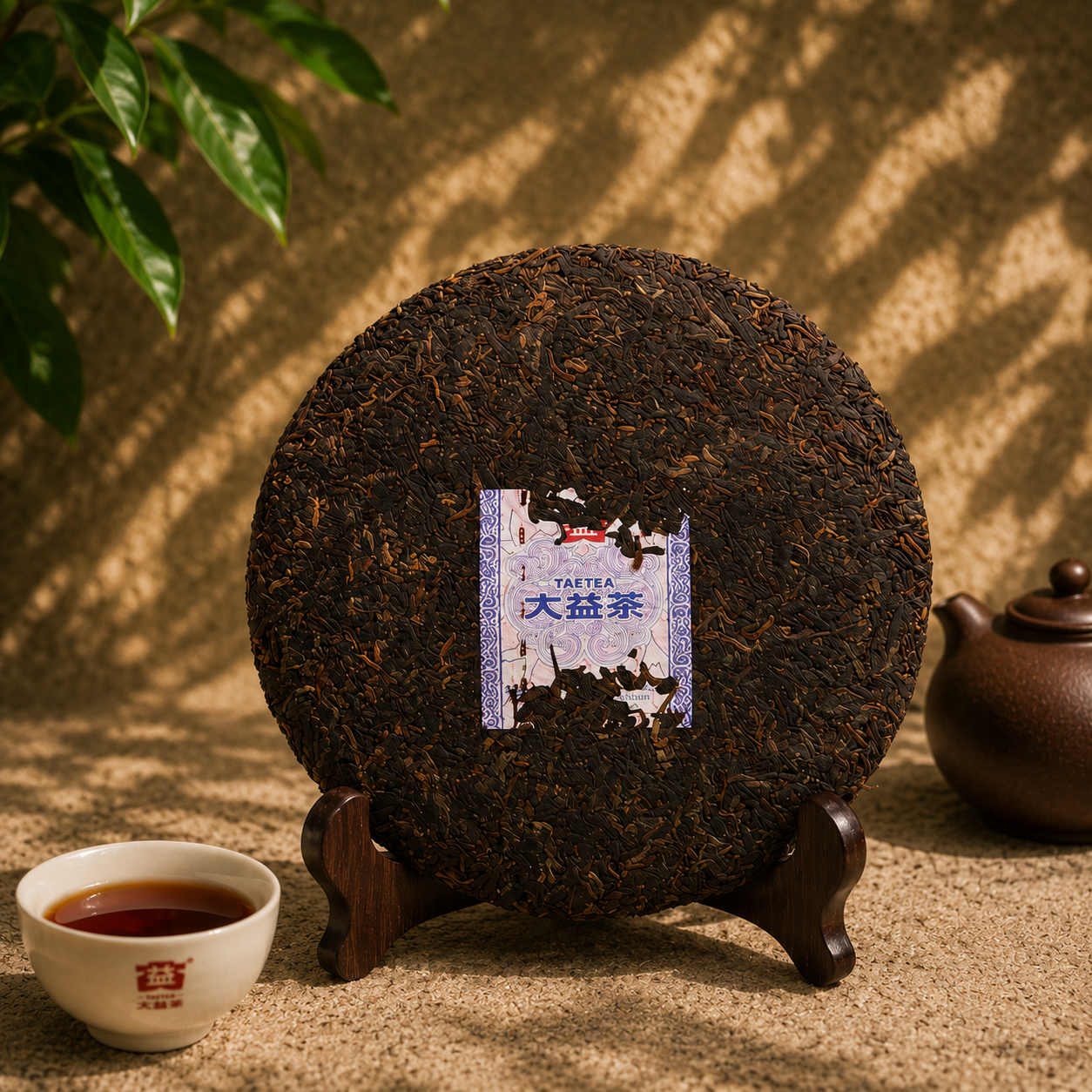 Broken piece of Tian Chun ripe pu-erh cake showing dark pressed leaves
