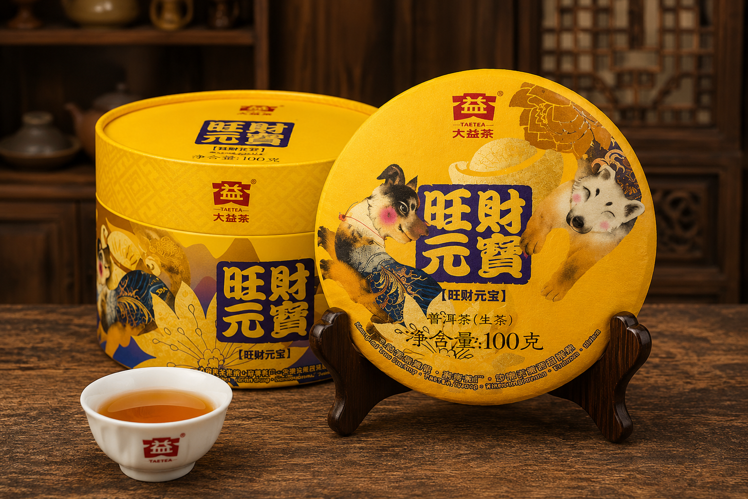 Wang Cai Yuan Bao yuanbao-shaped Sheng Pu-erh tuo 2018, Dayi Menghai, Year of the Dog, 100g