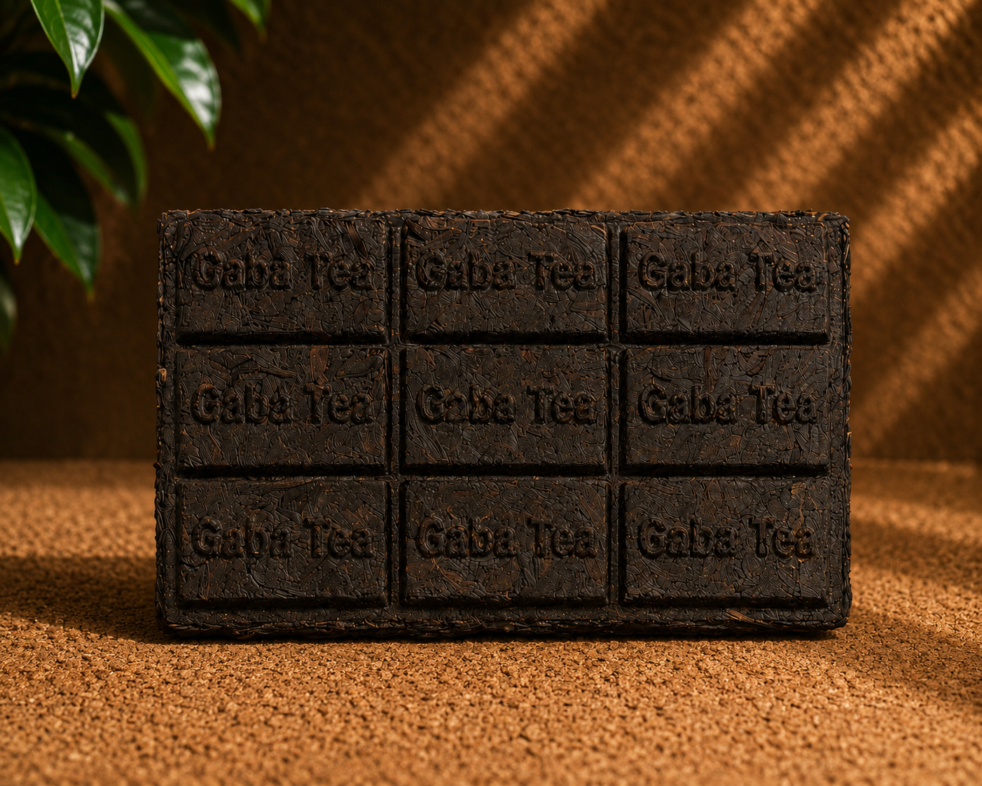 Broken piece of Wuyi Shan GABA Da Hong Pao brick showing roasted leaves