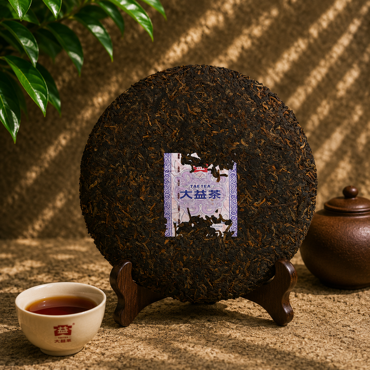 Broken piece of Yu Hua Nong ripe pu-erh cake showing dark pressed leaves