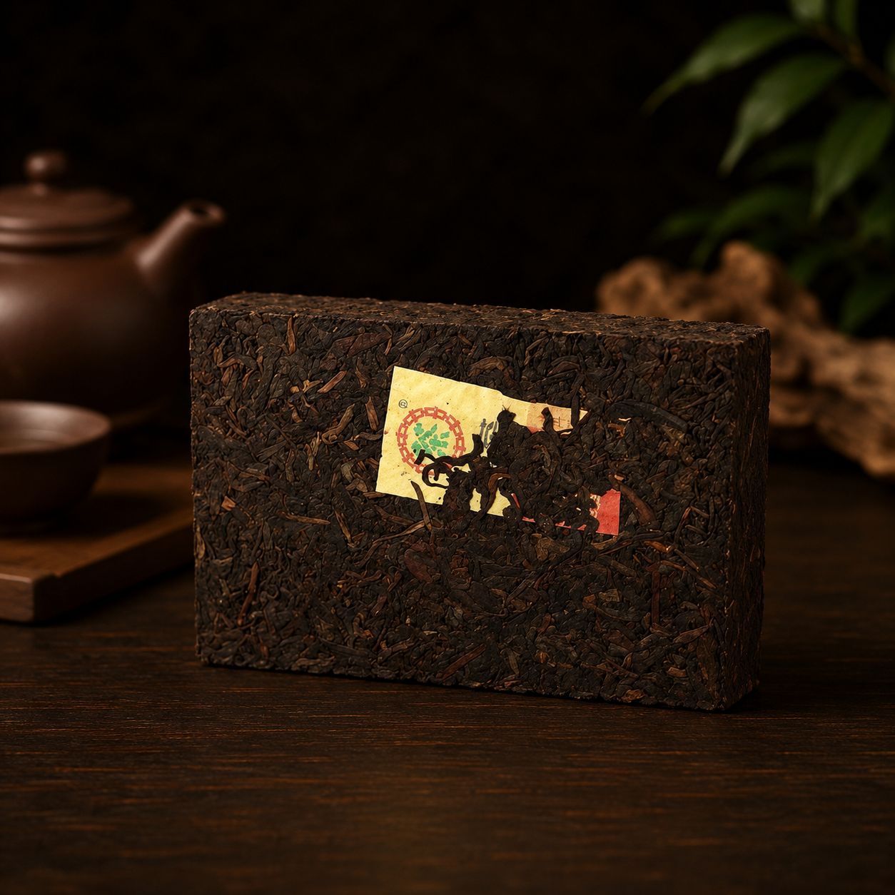 Zhongcha 7581 ripe pu-erh brick showing dark pressed leaves